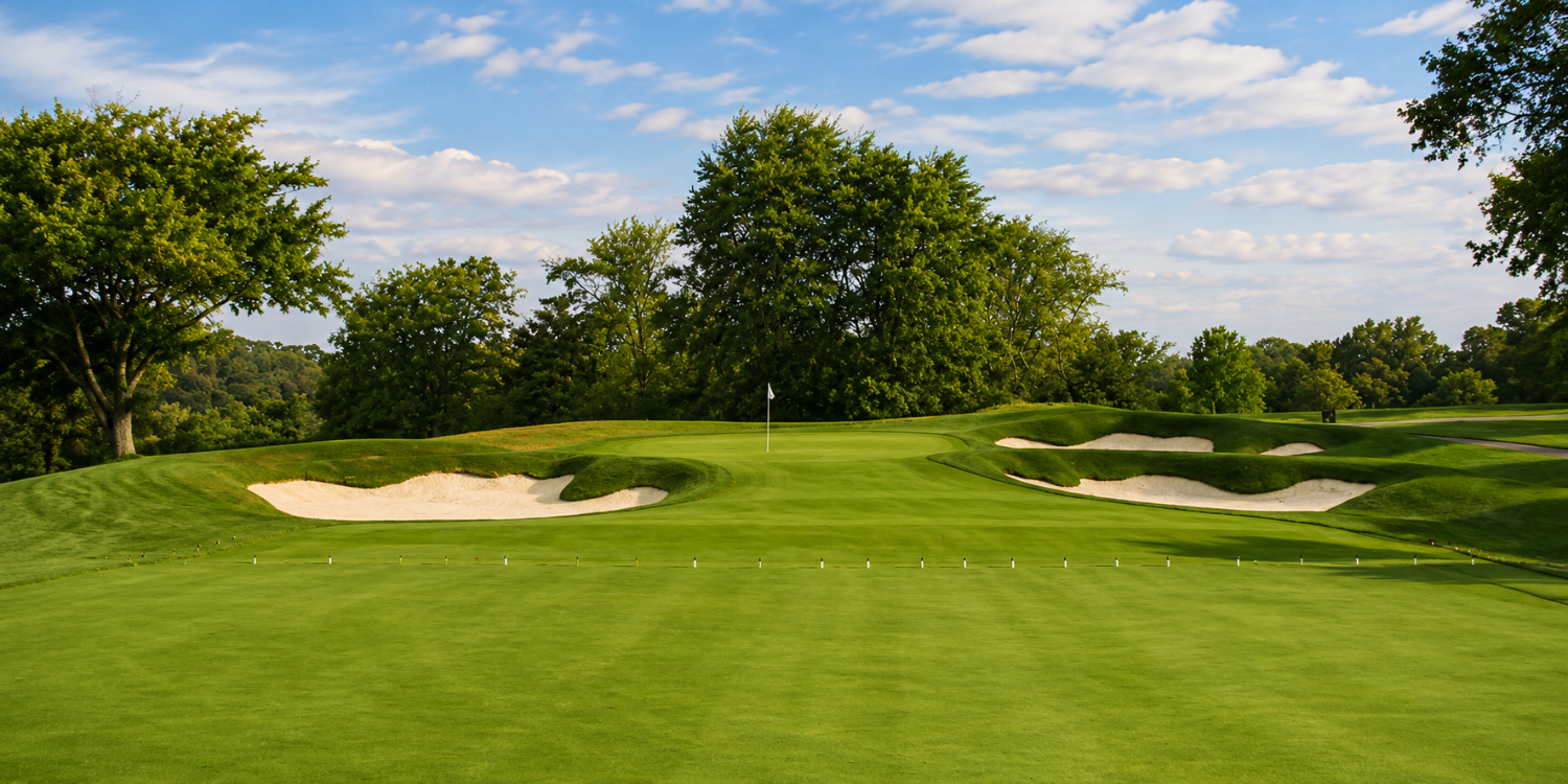 The par-4 7th Hole — typical of the heavy bunkering and unique green shaping on Dubsdread